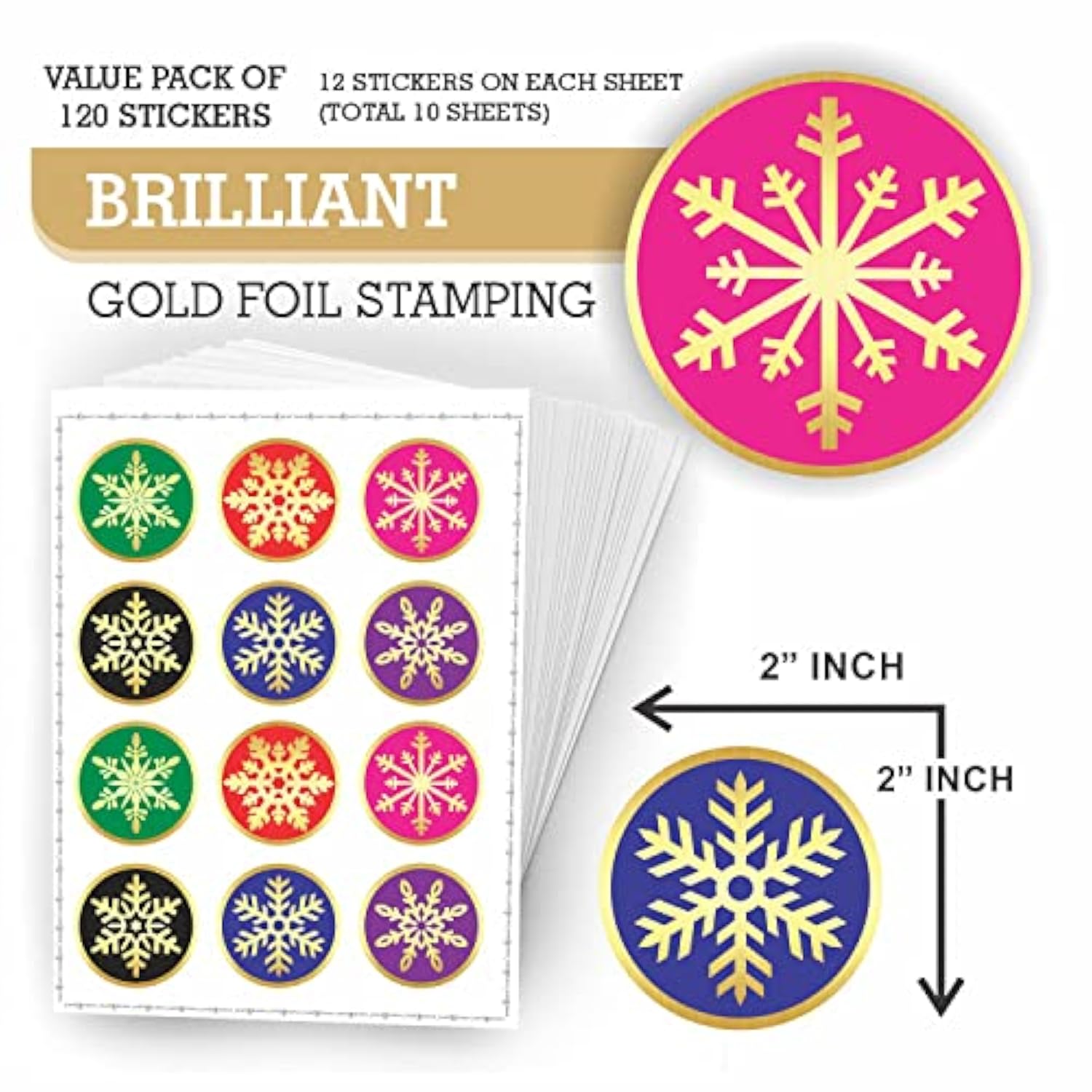 Snowflake Stickers - (Pack Of 120) 2" Large Round Gold Foil Stamping Labels For Christmas Holiday Cards Gift Envelope Seals Boxes