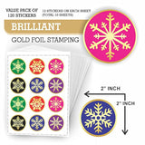 Snowflake Stickers - (Pack Of 120) 2" Large Round Gold Foil Stamping Labels For Christmas Holiday Cards Gift Envelope Seals Boxes