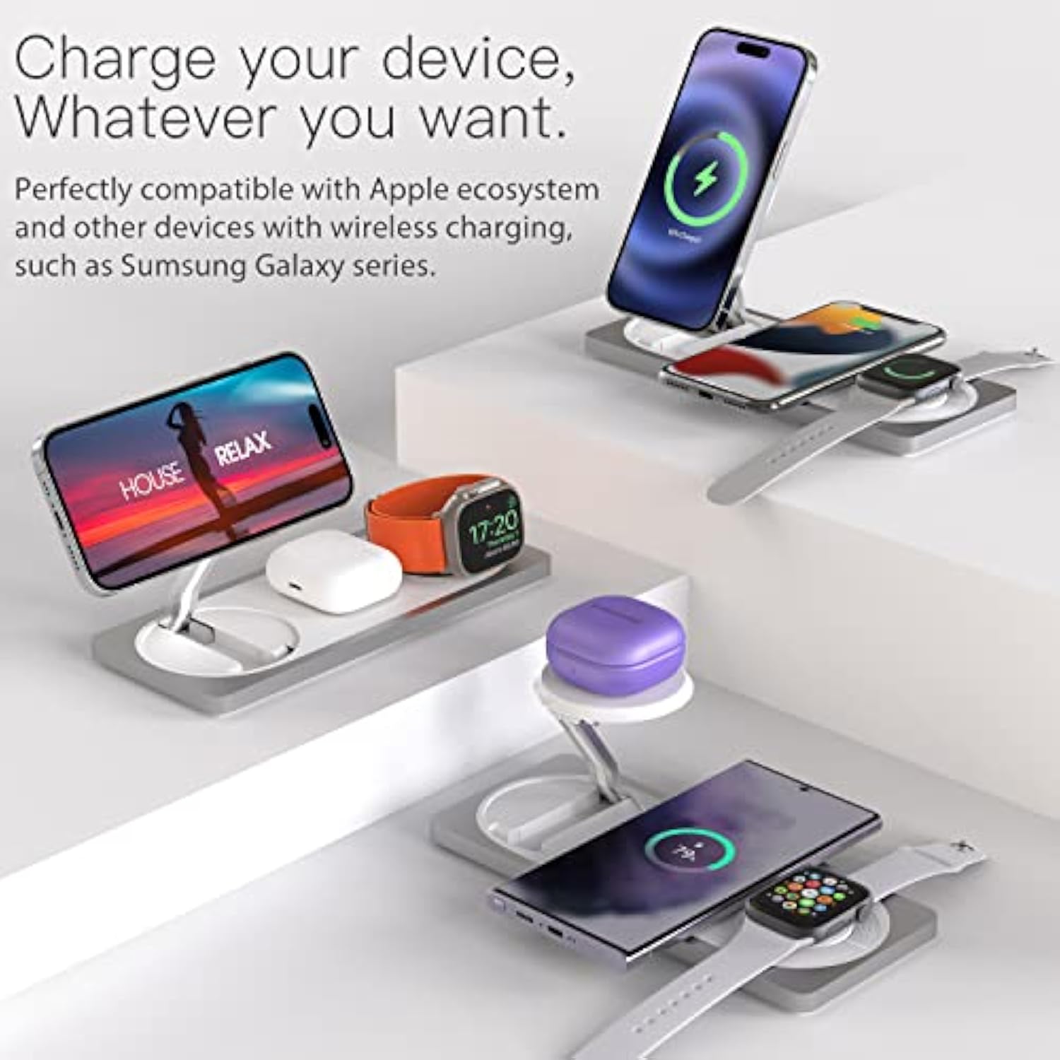 3 In 1 Charging Station For Apple Devices: Used For Iphone And Watch Charging Station With Magsafe Charger Stand, Wireless Charger For Iphone 16/15/14/13/12, Apple Watch 1-9/Ultra, Airpods 3 Pro