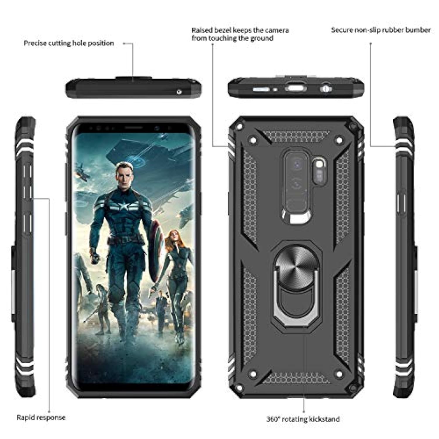 For Samsung Galaxy S9 Plus Case, Galaxy S9+ Plus Case With [2 Pack] 3D Curved Screen Protector, [Military-Grade] Magnetic Ring Stand Protective Phone Case Covers For S9 Plus [Not Fit S9], Black