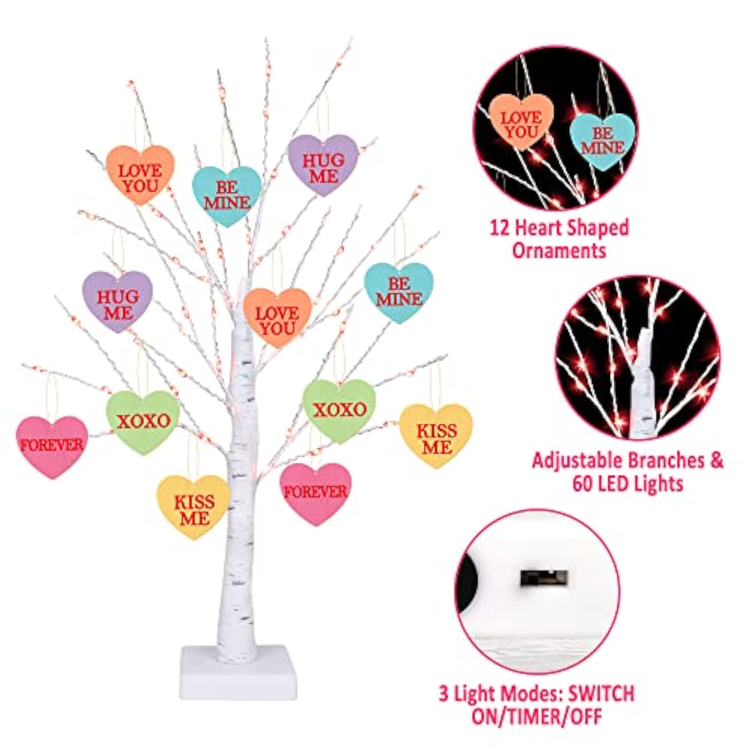 [Timer] Valentines Day Decoration 24 Inch Valentines Decor Tree Light With 12 Heart Ornaments, Usb/Battery Operated Valentines Day Decor Lighted Tree, Valentines Day Decorations For Home Table Bedroom