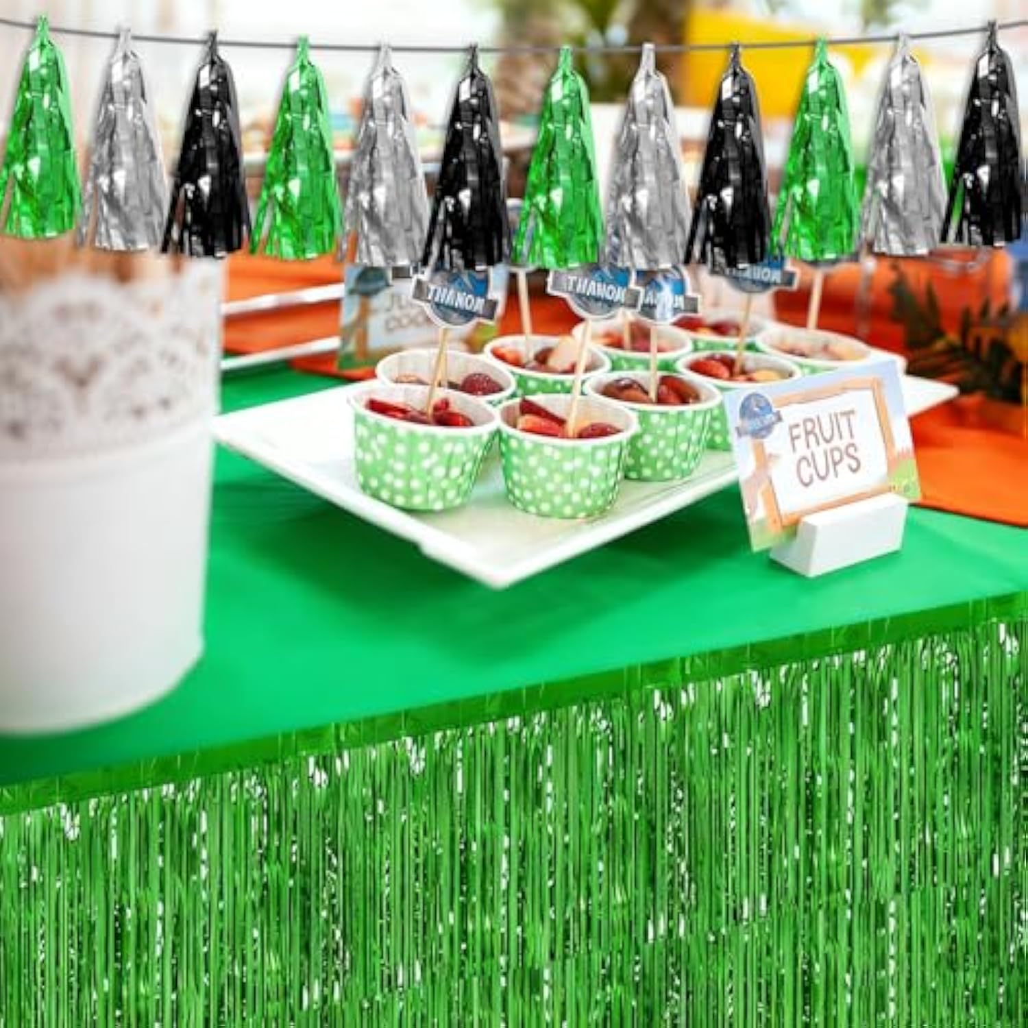 3P Black Silver Green Tassel Banner Garland Metallic Foil Fringe Banner Tinsel Tassels Streamer Banner Backdrop For Parade Floats, Graduation Decorations, Halloween, Christmas Decorations