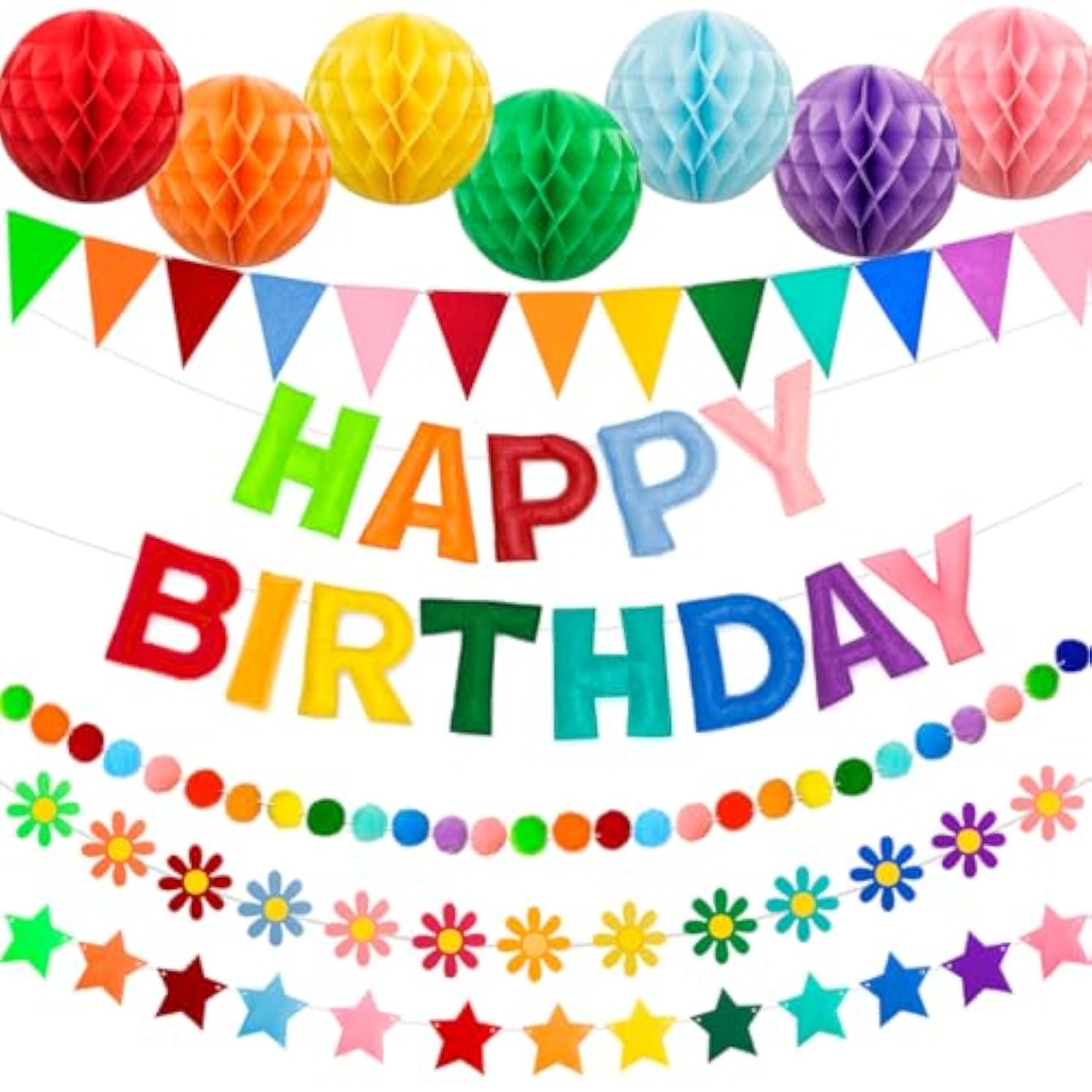 Happy Birthday Banner Set With Pre-Strung 3D Felt Happy Birthday Banner, Pom Pom Garland, Triangle Fabric Bunting, Five-Pointed Star And Sunflower Banner, 7 Pcs Honeycomb Balls