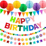 Happy Birthday Banner Set With Pre-Strung 3D Felt Happy Birthday Banner, Pom Pom Garland, Triangle Fabric Bunting, Five-Pointed Star And Sunflower Banner, 7 Pcs Honeycomb Balls