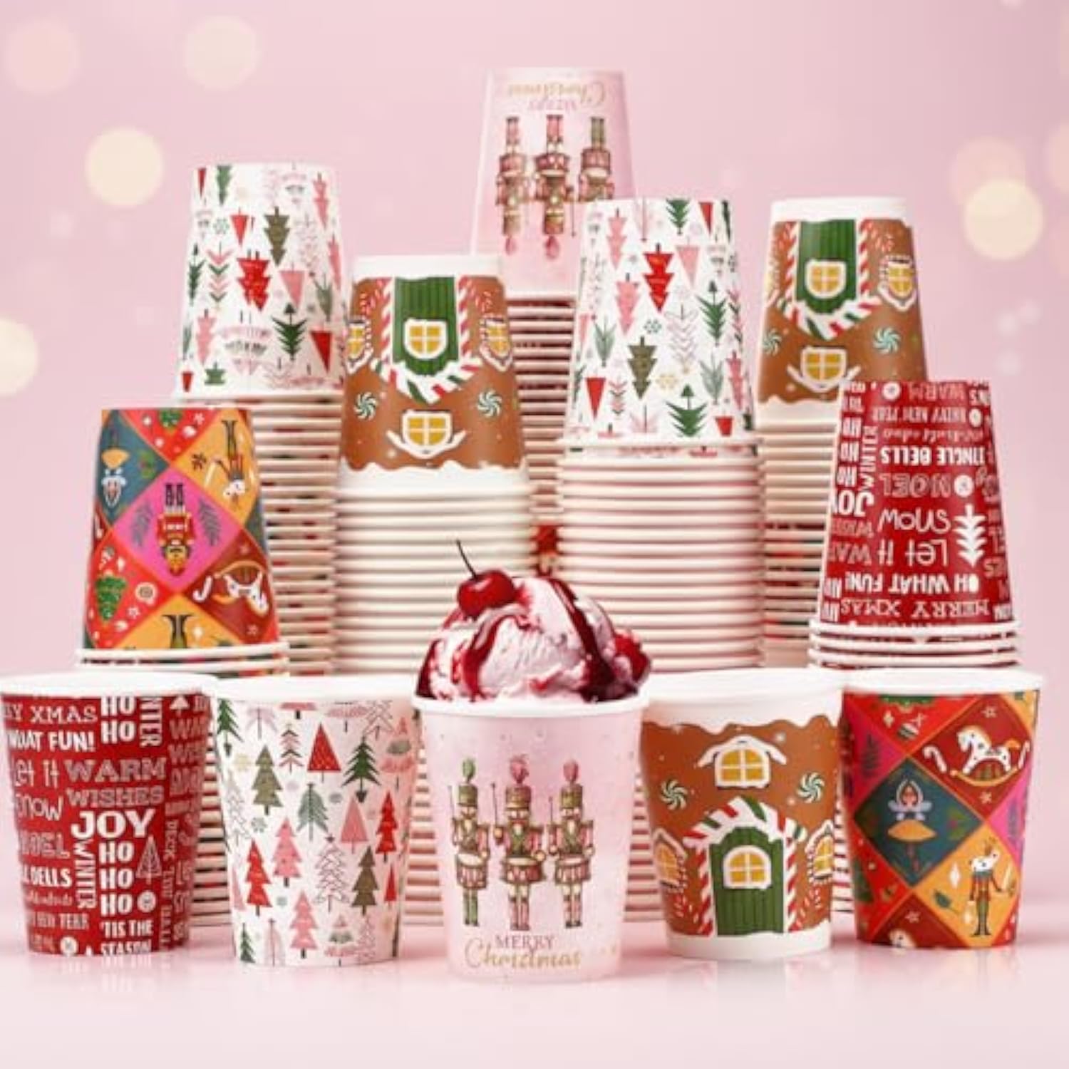 150 Pcs 9 Oz Christmas Disposable Paper Cups Hot Chocolate Cocoa Paper Cups Winter Drink Cup 5 Designs Merry Christmas Holiday Party Drinkware Supplies For Cold Beverage Hot Cocoa Tea (Classic)
