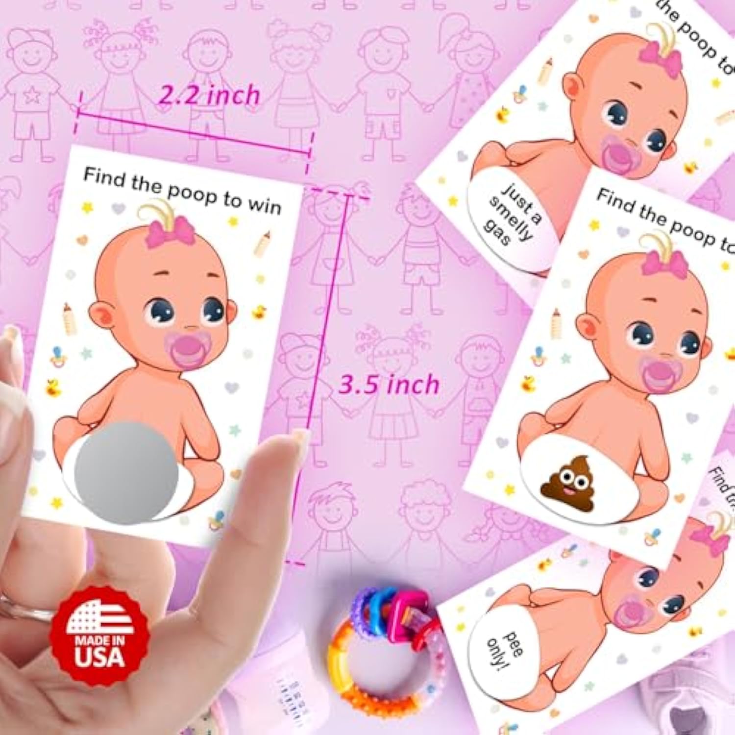 Baby Shower Girl Scratch Off Poop Game, Easy To Play Silly Games, Funny Idea, Ice Breaker Activity. Raffle Cards, Pink Pacifier, Set Of 40 Cards Made In Usa