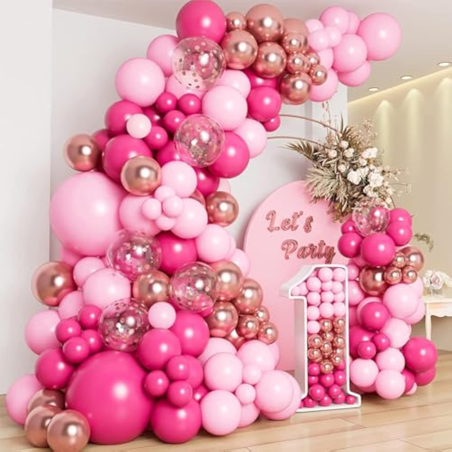 125Pcs Pink Balloon Garland Arch Kit, Hot Pink Metallic Rose Gold Confetti Latex Balloons For Baby Girl Shower Princess Birthday Wedding Valentine'S Party Decorations