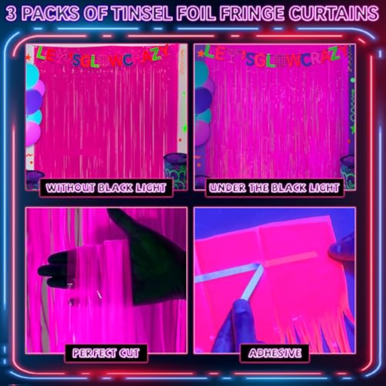 3 Pack Glow in the Dark Neon Party Decorations Backdrop and Banner