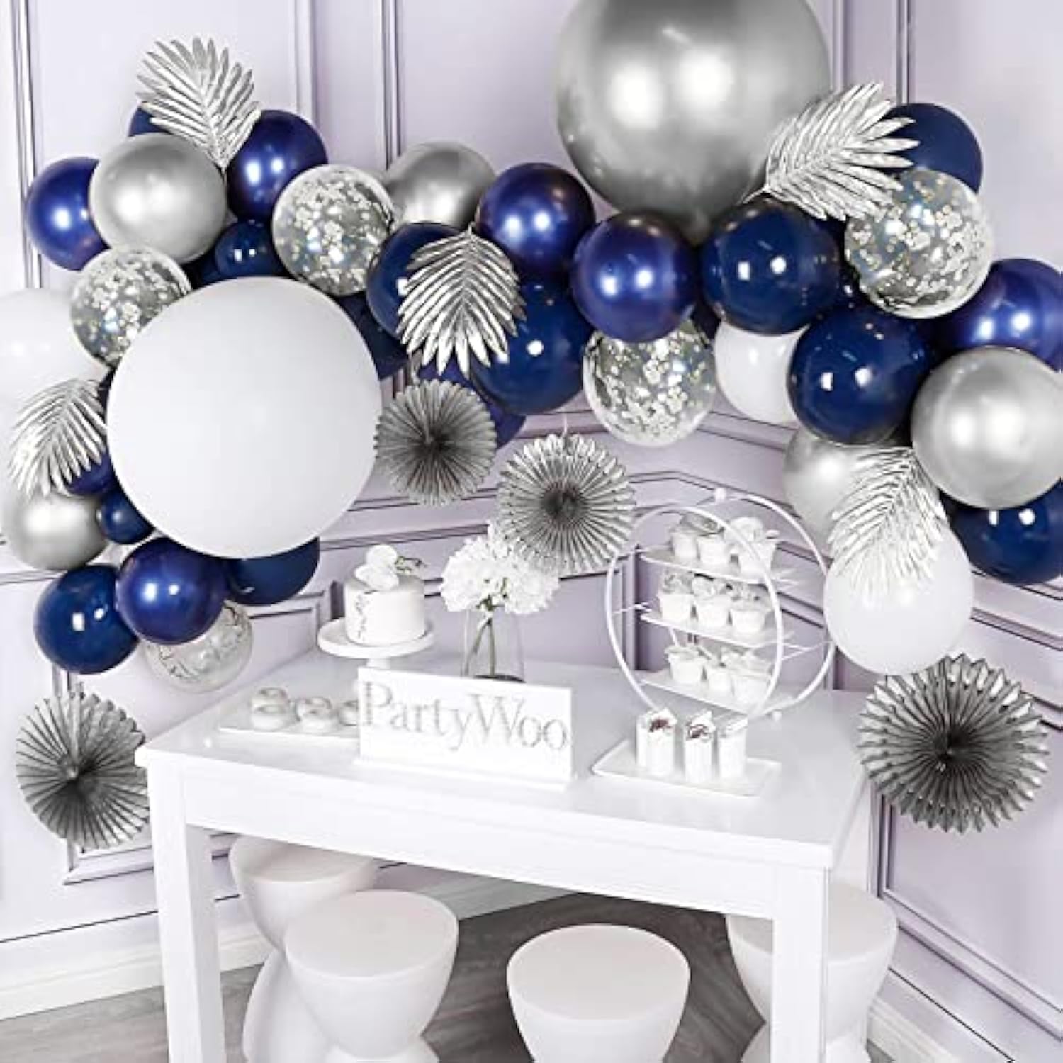 127pcs Navy Blue Silver Balloon Garland Kit – White & Confetti Balloons for Party Decorations