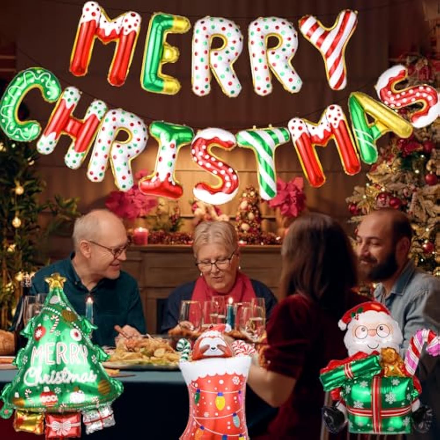 Merry Christmas Balloons Banner Kit - 14 Letters Santa Tree Stocking Foil Balloons For Xmas Party Decor, No Helium Needed Indoor Outdoor Decorations