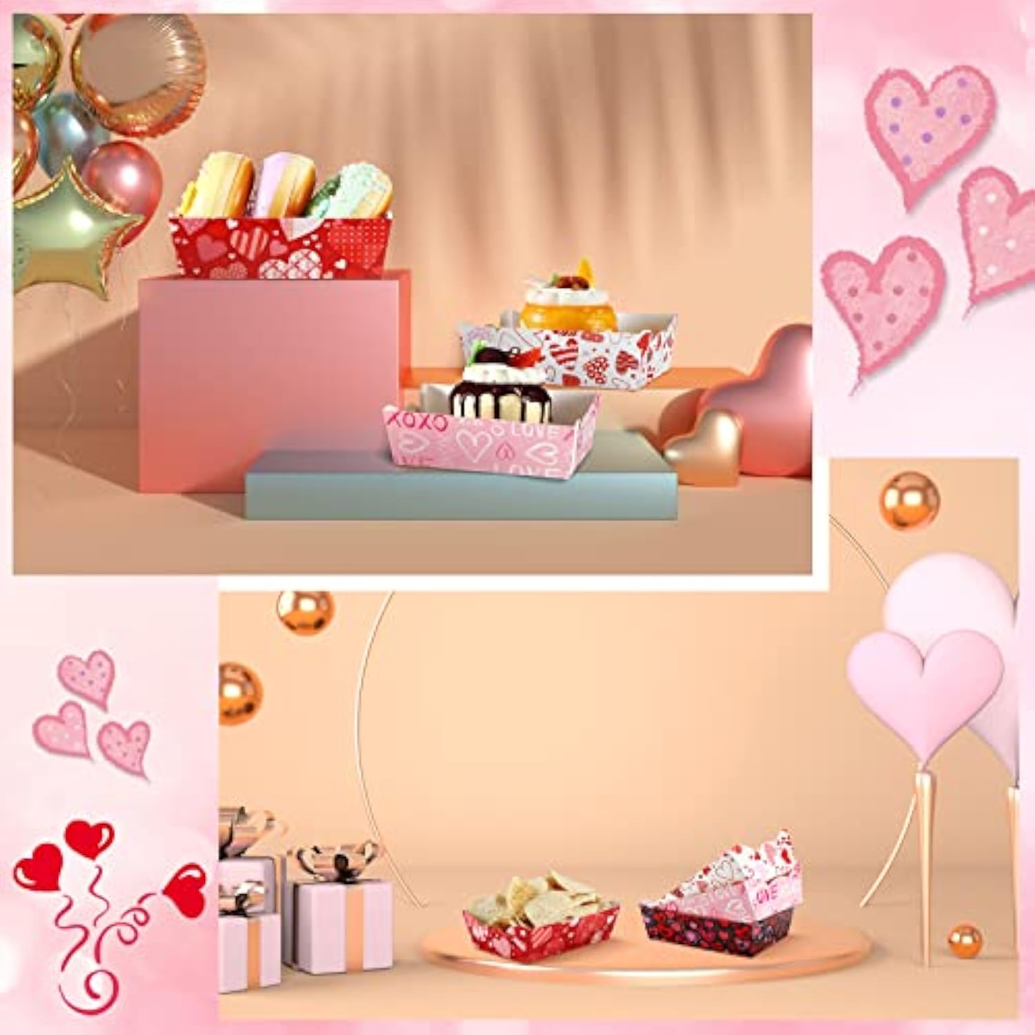 60 Pcs Valentines Food Tray Party Supplies Paper Disposable Food Plates Galentines Decoration Pink Heart Love Paper Tray For Valentine Mother'S Day Wedding Birthday Party Supplies