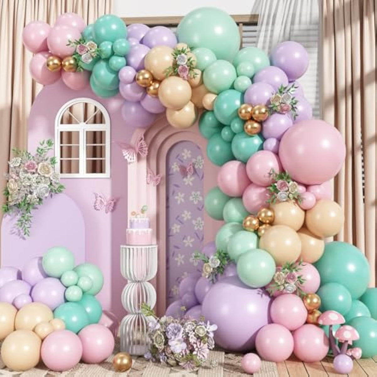 Pastel Green Pink And Purple Balloon Arch Garland Kit?164Pcs Tea Party Decorations For Girls Fairy Birthday Bridal Baby Shower Spring Garden Tea Party Decor With Teal Nude Metallic Gold Latex Balloons