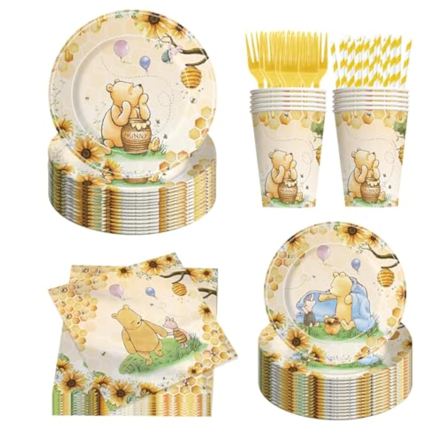 300 Pcs Bear Baby Shower Plates And Napkins Tableware Set, Plates Napkins Cups Straws And Forks Sets, Baby Shower Decorations Birthday Party Supplies, Serves 50 Guests (Yellow)