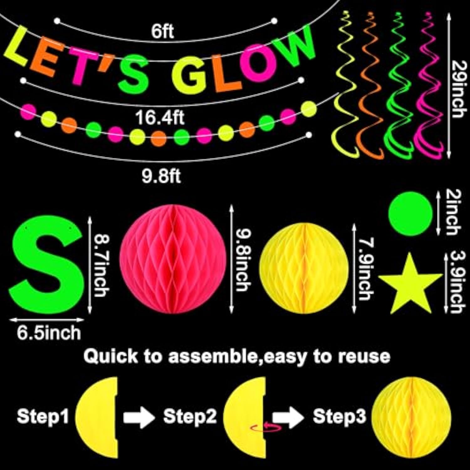 Neon Party Supplies Includes Let'S Glow Banner Star Hanging Swirls Circle Dot Garland Glow In The Dark Party Hanging Decorations For Birthday Black Light Party Decorations