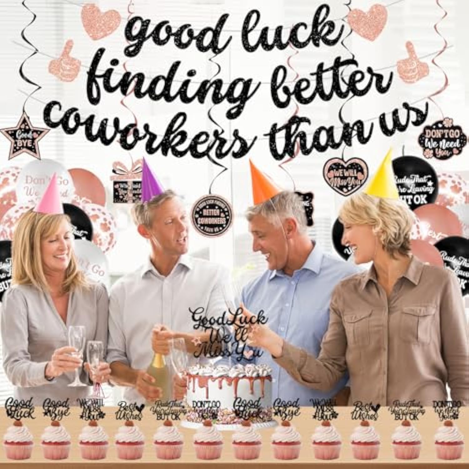 Coworker Farewell Decorations, Rose Gold Good Luck Finding Better Coworkers Than Us Banner Cake Toppers Balloons Hanging Swirls, Pink Going Away/Goodbye/Leaving Party Supplies For Job Change