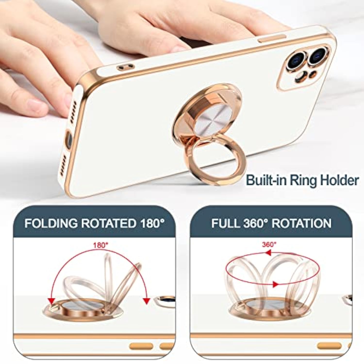 For Iphone 11 Case With Ring Stand [360°Rotatable Ring Holder Magnetic Kickstand] [Shiny Plated Rose Gold Edge] Slim Soft Tpu Cover Luxury Protective Phone Case For Women Men, White