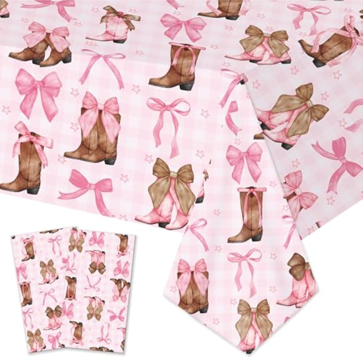 Coquette Bow Cowgirl Tablecloth 2Pcs Western Cowgirl Birthday Party Supplies Pink Bowknot Boots Rodeo Bachelorette Party Table Cover For Wild West Baby Shower Decor
