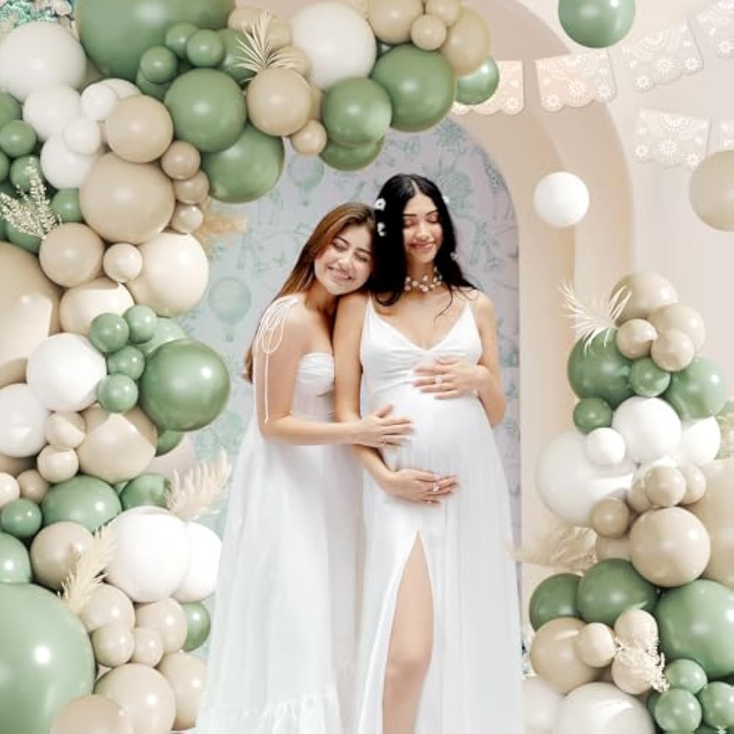 Sage Green White Balloon Garland Arch Kit,145Pcs Green Sand White Balloons Different Sizes For Birthday Baby Shower Gender Reveal Bridal Weddings Party Decoration