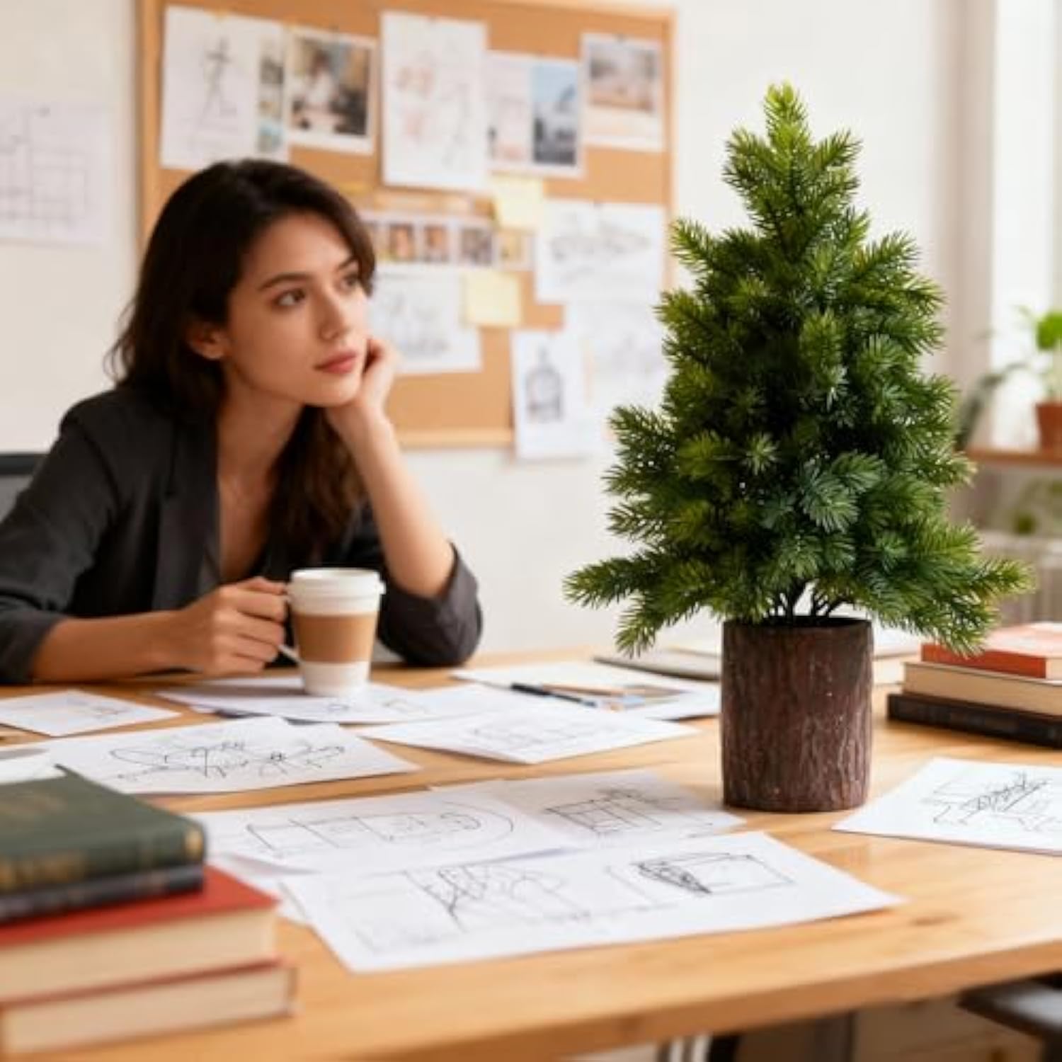 19.7" Table Top Artificial Christmas Tree With Wooden Planter - Small Potted Tabletop Christmas Tree,Norfolk Pine Desktop Xmas Tree For Home, Office, Party, Holiday Decor