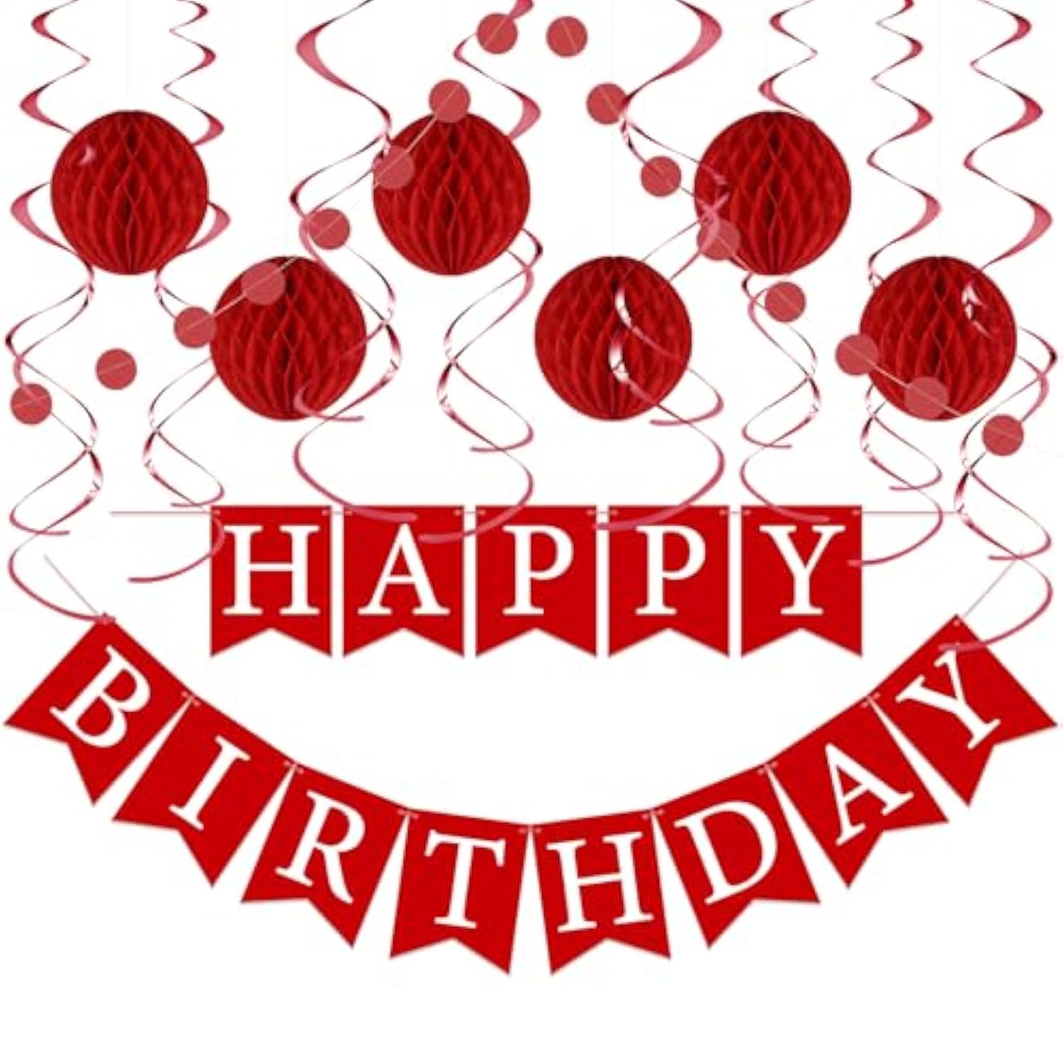 Red Birthday Decorations Kit - 16-Piece Set With Pre-Strung Happy Birthday Banner, Honeycomb Balls, Garland & Swirls | Red Theme Party Supplies For Women Girls Kids, Teens Adults