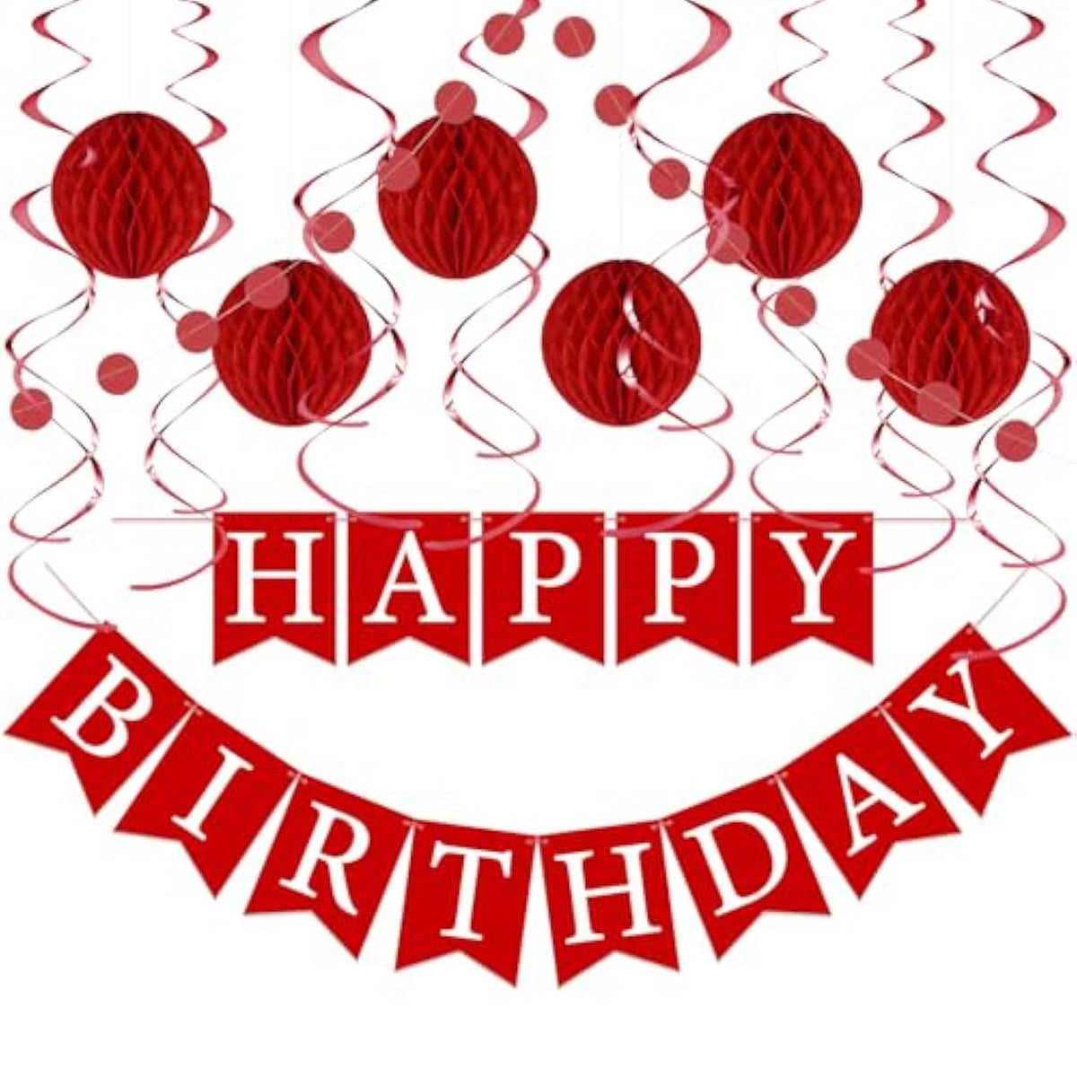 Red Birthday Decorations Kit - 16-Piece Set With Pre-Strung Happy Birthday Banner, Honeycomb Balls, Garland & Swirls | Red Theme Party Supplies For Women Girls Kids, Teens Adults
