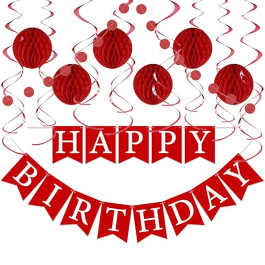 Red Birthday Decorations Kit - 16-Piece Set With Pre-Strung Happy Birthday Banner, Honeycomb Balls, Garland & Swirls | Red Theme Party Supplies For Women Girls Kids, Teens Adults