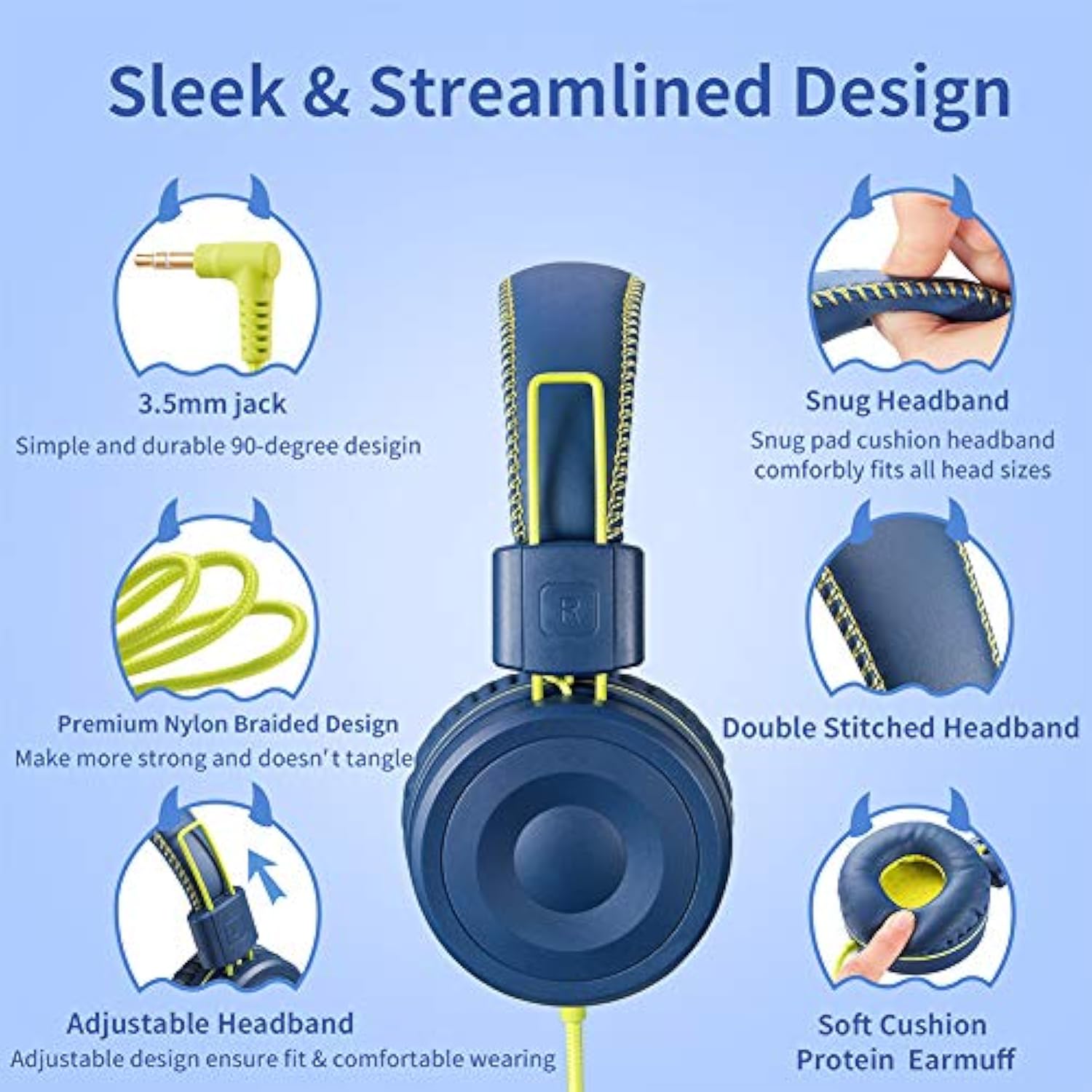 M1 Kids Headphones Wired Headphone For Kids,Foldable Adjustable Stereo Tangle-Free,3.5Mm Jack Wire Cord On-Ear Headphone For Children (Blue)