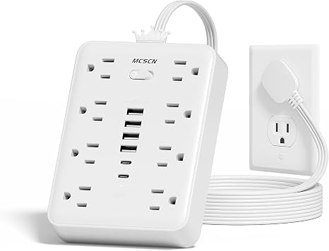 Surge Protector Power Strip 8 Outlets 6 USB Ports 2 USB C 5FT Flat Plug Wall Mount White