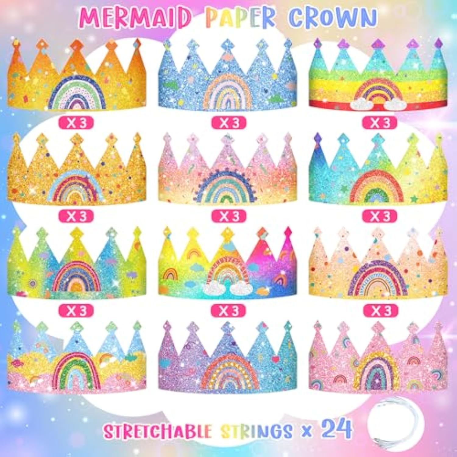 32 Pcs Rainbow Birthday Party Crown For Kids Birthday Party Hats Rainbow Glitter Decorations Paper Crowns Headband For Girls Birthday, Rainbow Party Supplies, Classroom Activities,12 Styles