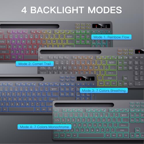 Wireless Keyboard With 7-Color Rgb Backlit, Full-Size Computer Keyboard With Phone Tablet Holder, 2.4G Rechargeable Gaming Keyboard With Light Up Keys, Compatible With Mac, Windows (Grey)