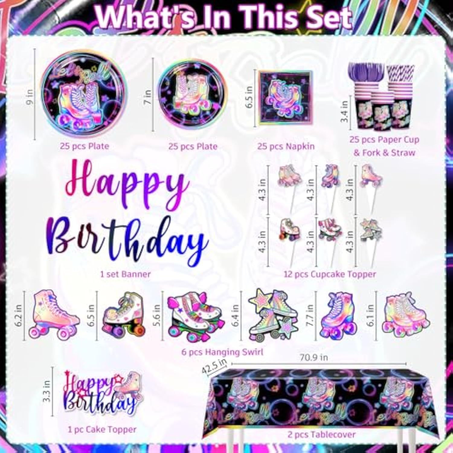 189Pcs Roller Skating Party Supplies Tableware Set, Roller Skate Party Decorations Include Banner Plates Napkins Cups Tablecloth For Birthday Party, Birthday Decorations For Girl