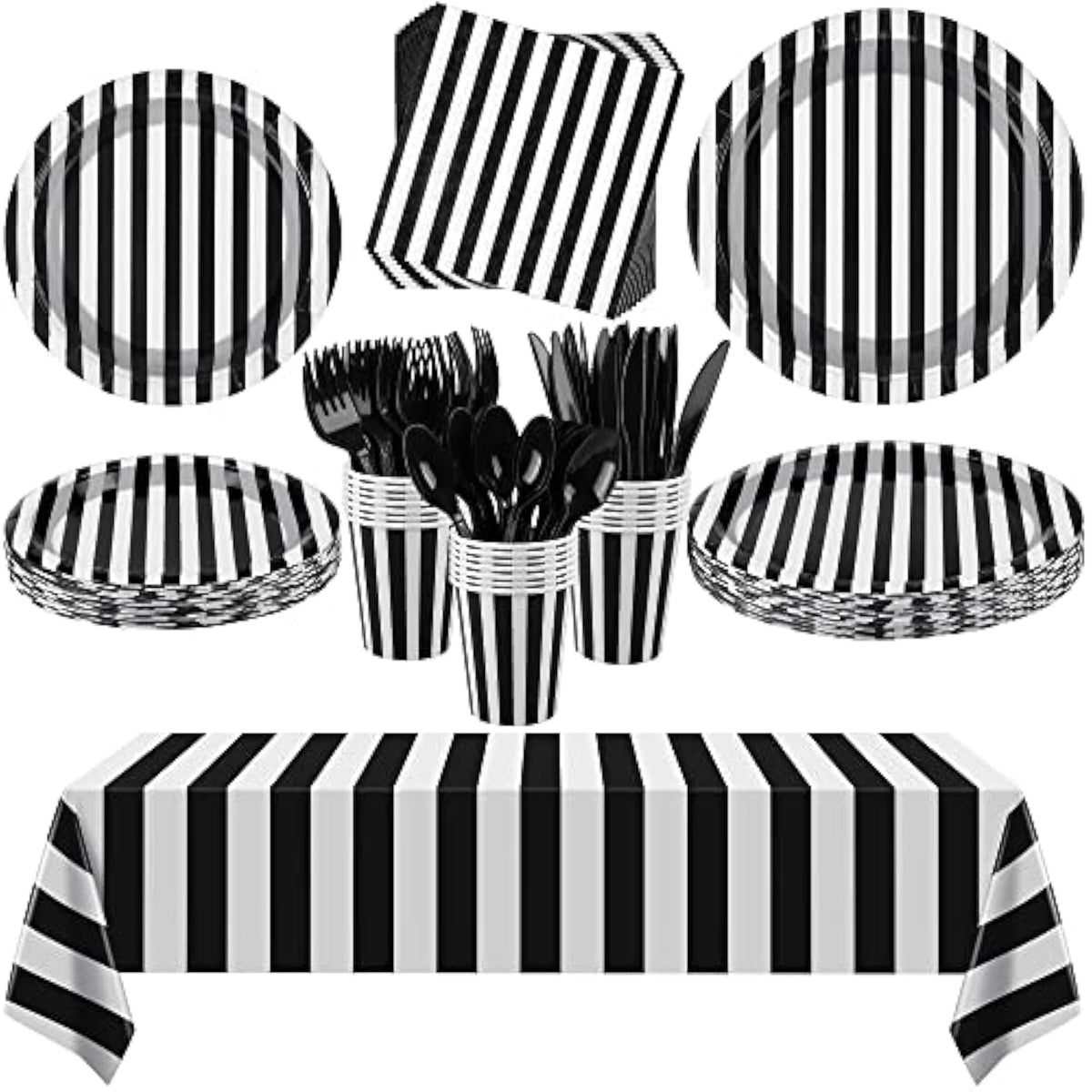 113 Pieces Black And White Striped Party Supplies Table Decorations Includes Paper Napkins Cups Plates Knives Forks Spoons Tablecloth Disposable Tableware Set For Birthday Graduation Wedding