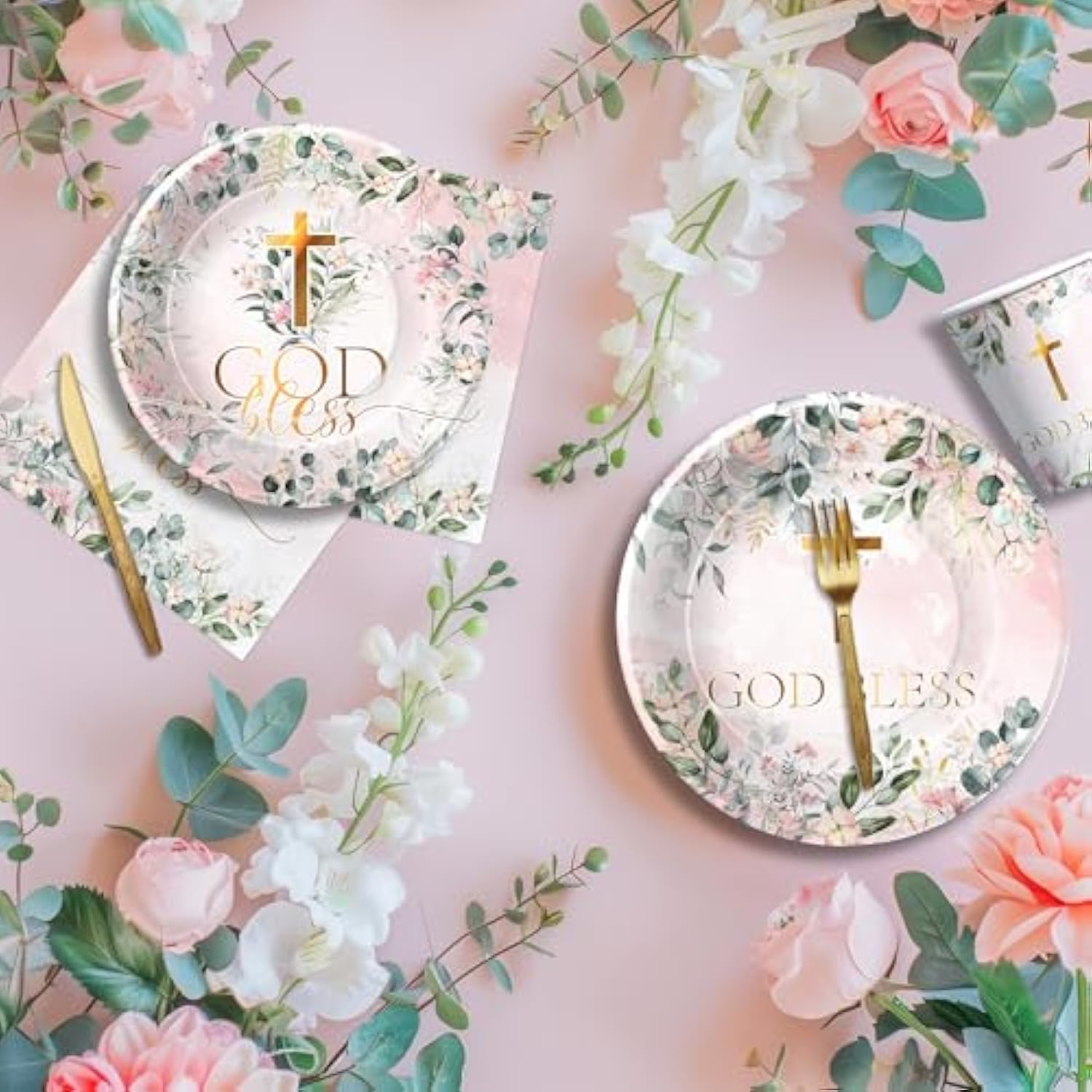 God Bless Baptism Plates And Napkins Girl - First Communion Decorations Party Tableware, Plate, Cup, Napkin, Tablecloth, Cutlery, For Christening Celebration Baby Shower Religious | Serve 24