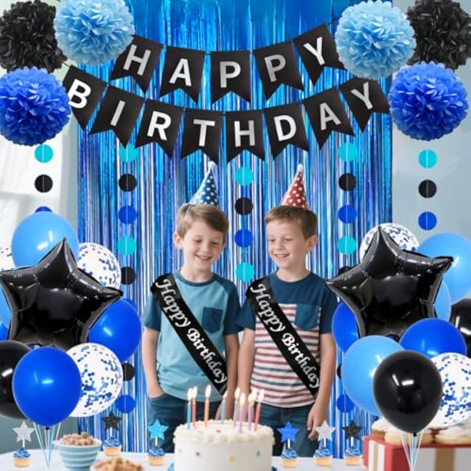 Blue And Black Birthday Decorations, 50Pcs Happy Birthday Decorations For Men With Banner Balloons Sash Foil Fringe Curtain Paper Pompoms, Blue Party Decoration Party Supplies For Boys Kids