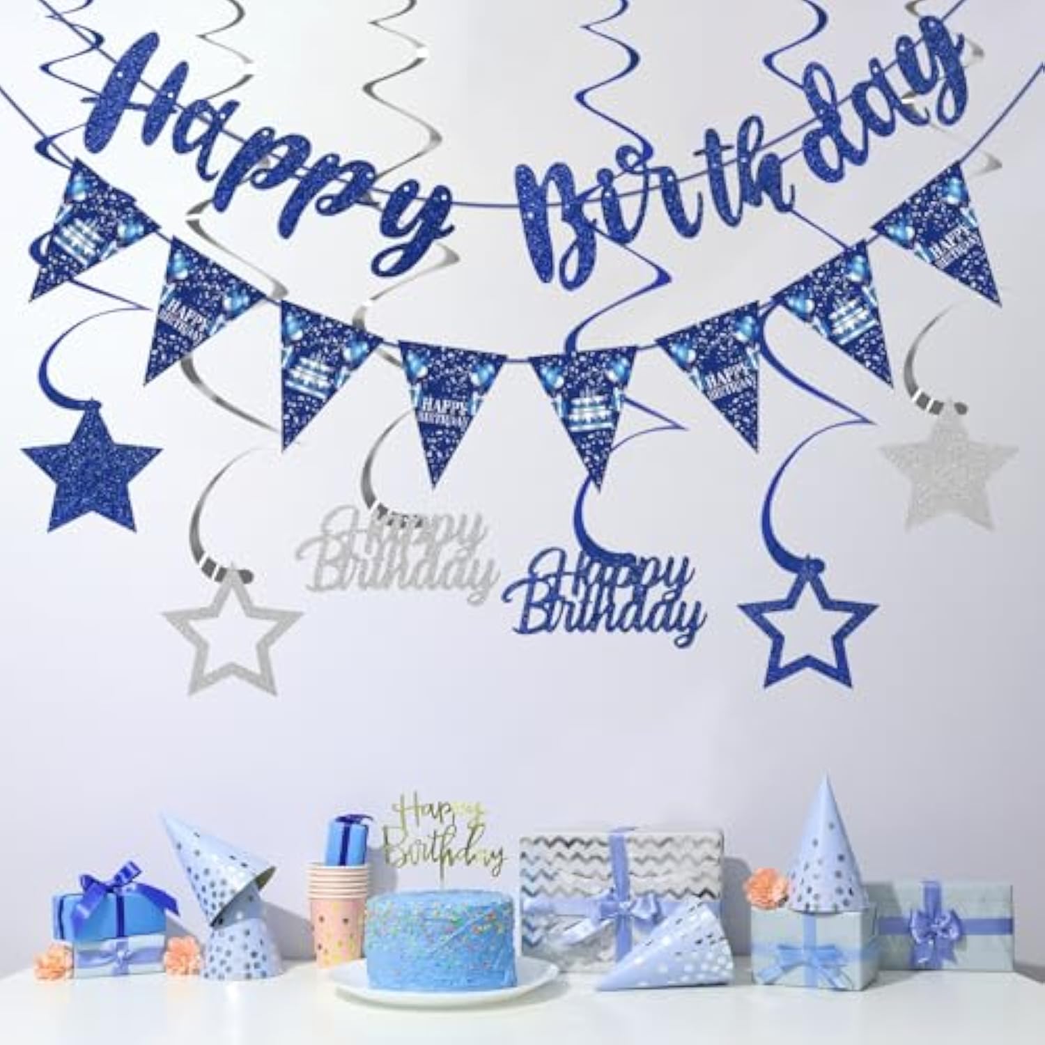 Blue Silver Birthday Décor Banner & Hanging Swirls for Parties