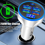 5 Port Usb Car Charger, 250W Super Fast Charging Cigarette Lighter Adapter With Led Voltage Monitor, 4Usb+Type C Multi Port Car Accessories Interior Compatible With Most Smart Phone (White)