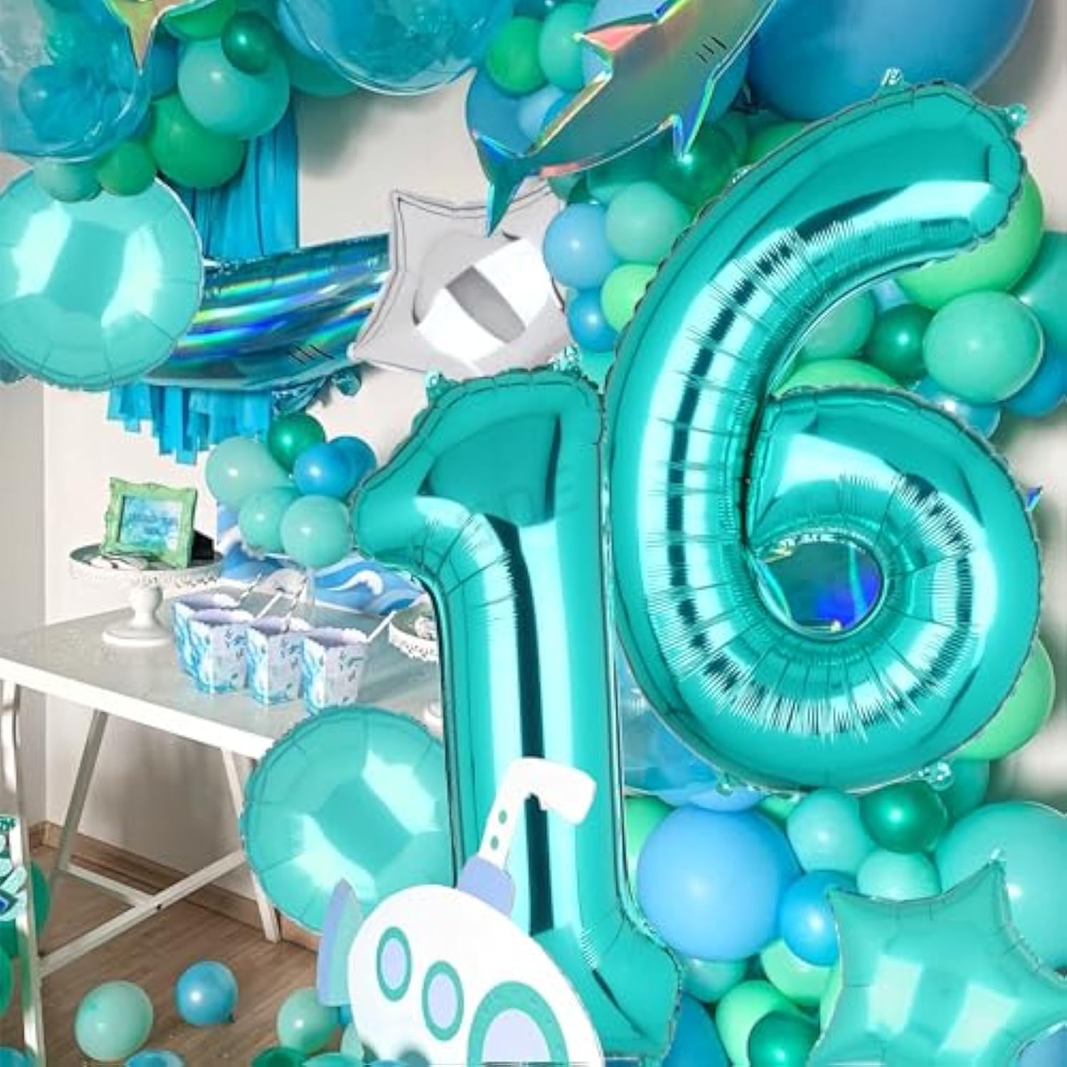 Teal Blue Number 16 Balloons 40 Inch Big Helium Mylar Digital Balloon Mermaid Theme Anniversary Wedding 16Th Birthday Party Decor Supplies 5 Pcs