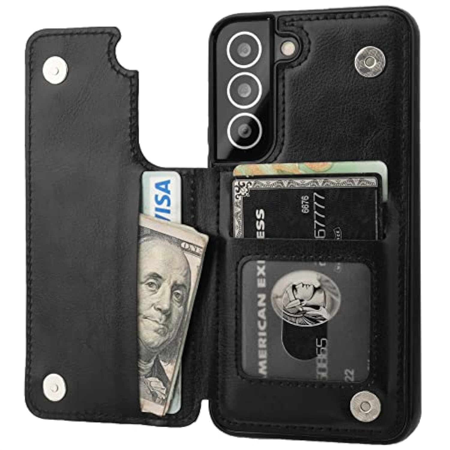 Onetop Compatible With Samsung Galaxy S22 Wallet Case With Card Holder, Pu Leather Kickstand Card Slots Case, Double Magnetic Clasp And Durable Shockproof Cover 5G 6.1 Inch(Black)