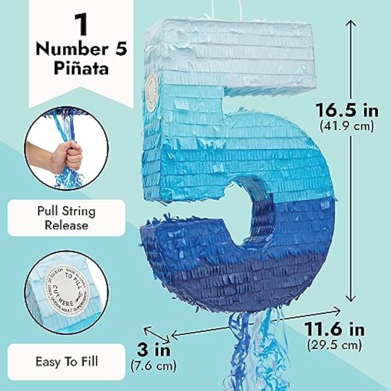Blue Number 5 Pull-String Piñata: 5th Birthday Party Game