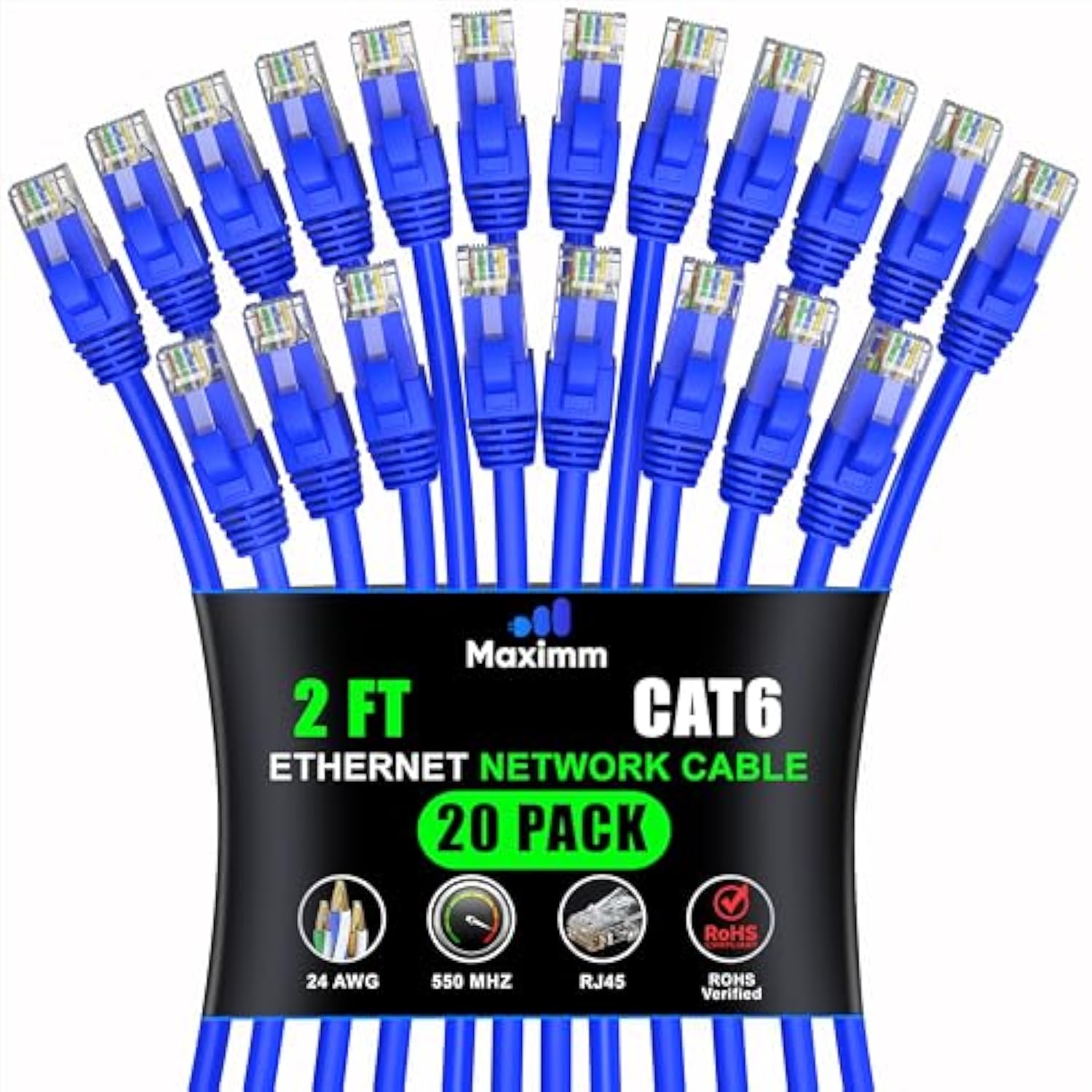 Maximm Cat 6 Ethernet Cable 2 Ft, (20-Pack) Cat6 Cable, LAN Cable, Internet Ca