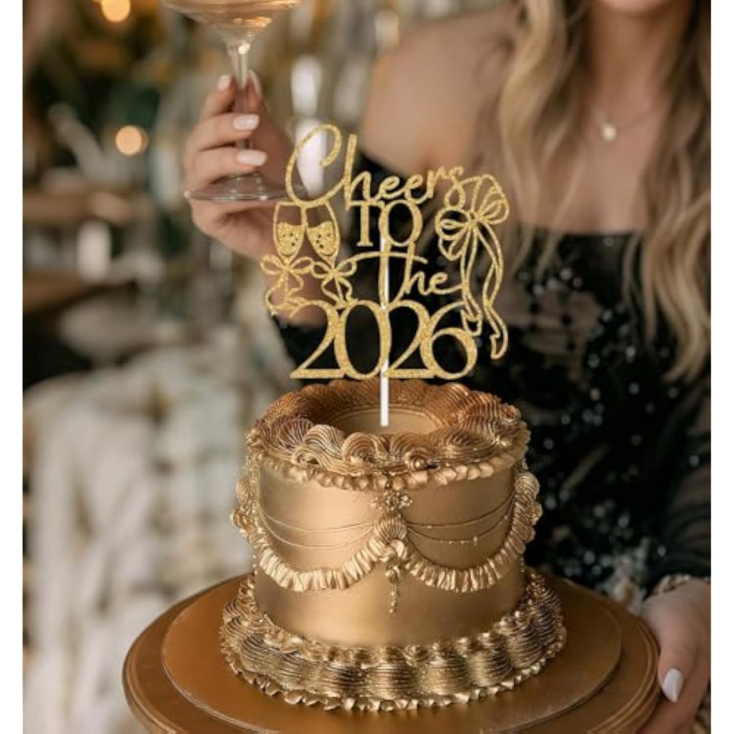 Cheers to 2026 Cake Topper Gold Glitter New Year Party Decoration