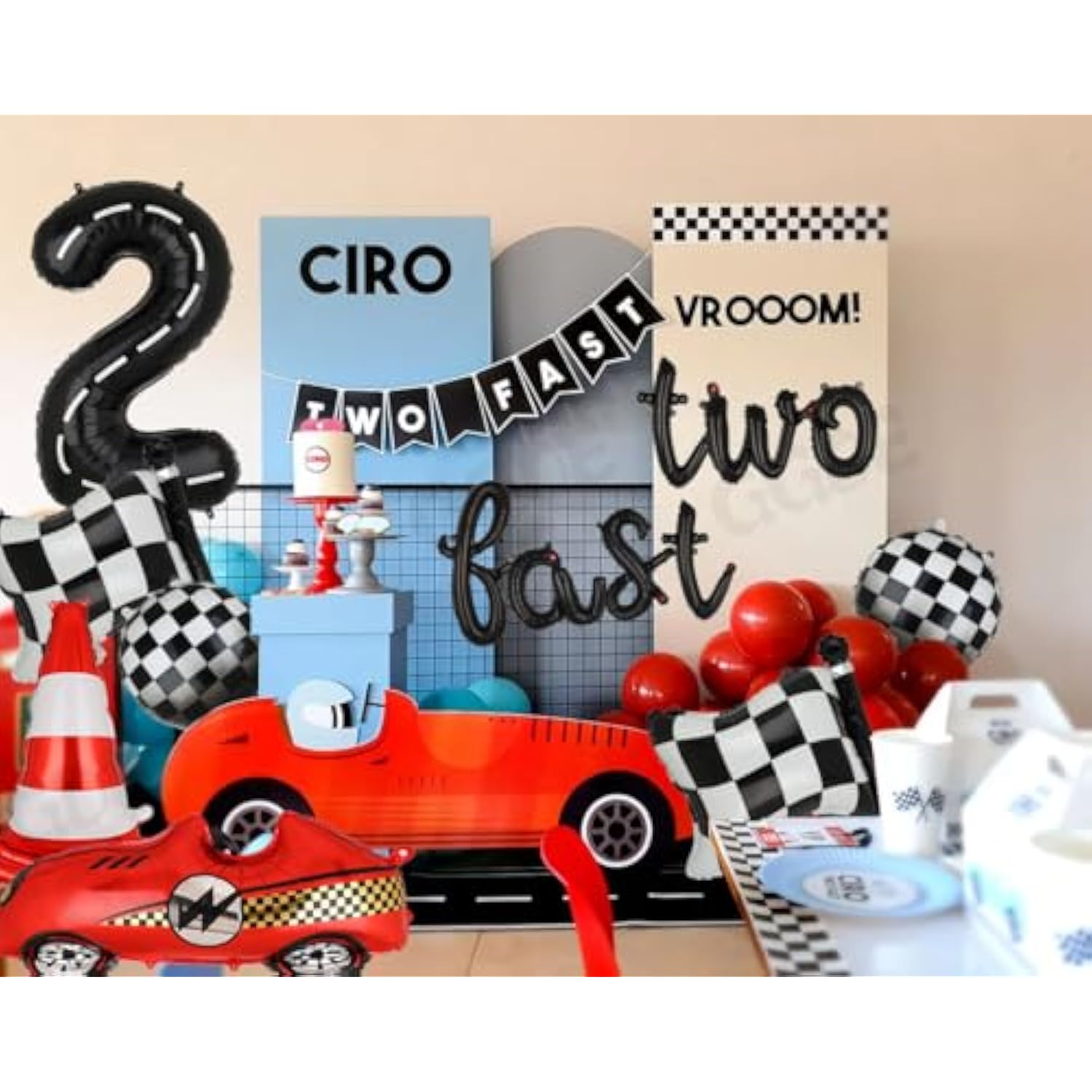 Two Fast Birthday Party 2Nd Racing Vintage 40 Inch Racetrack Number Balloons 2 Black Two Fast Letter Banner Balloon Race Car Racing Theme Birthday Party Decor Set