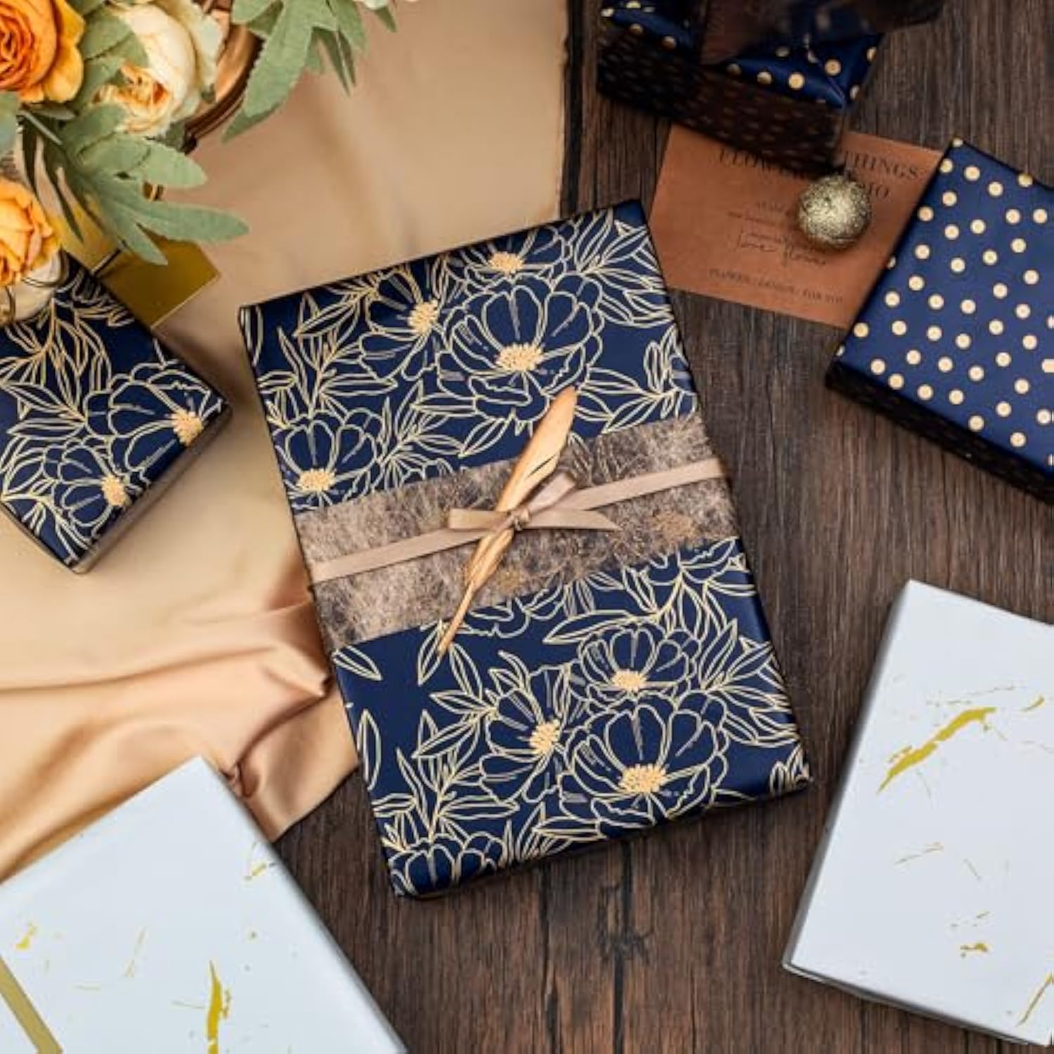 Gift Wrapping Paper Roll - 17 Inch X 120 Inch Per Roll Luxury Navy Gold Flower, Polka Dot & White Gold Marble Gift Wrap Paper For Men Birthday, Father'S Day, Christmas, Holiday, Graduation