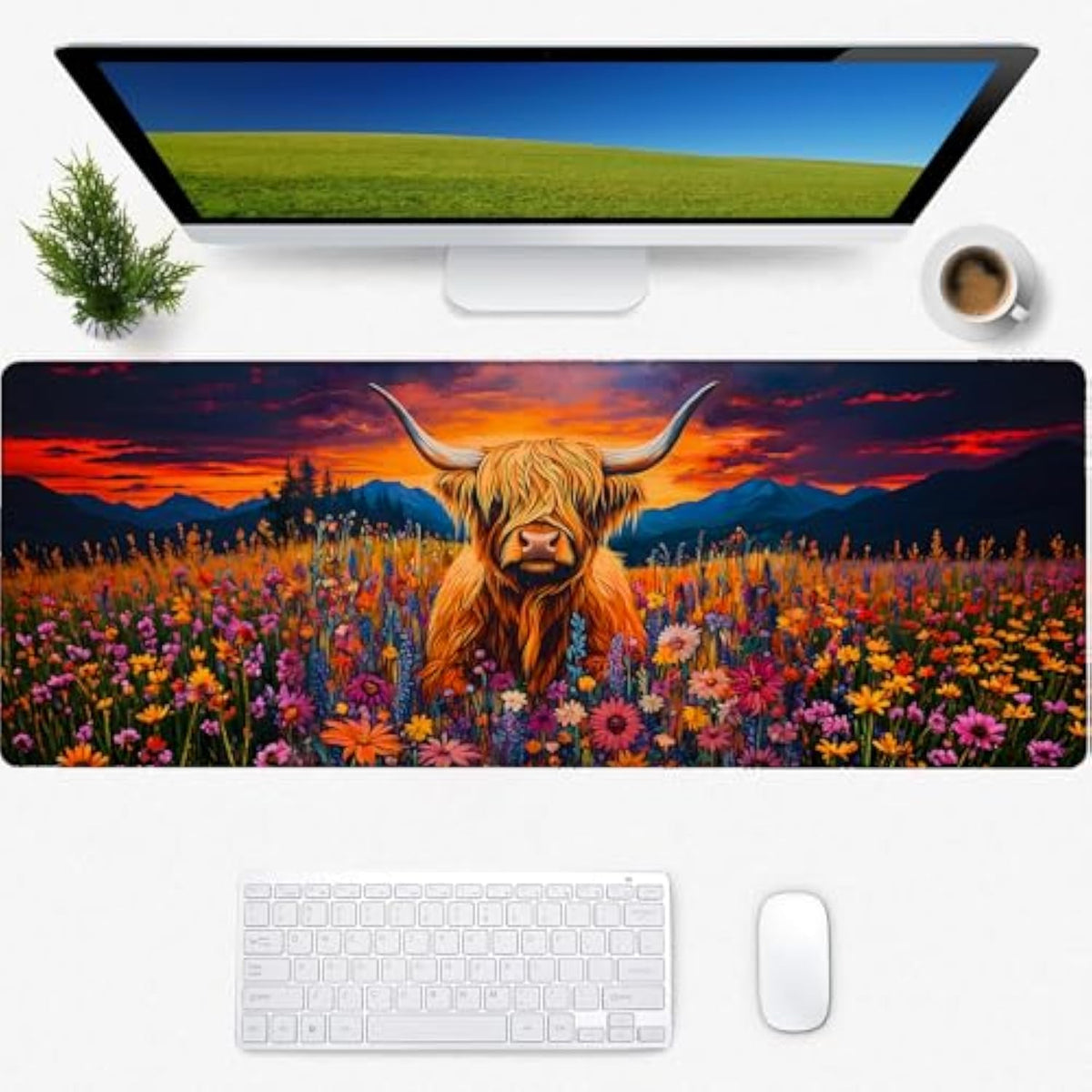 Flower Highland Cow Gaming Mouse Pad, Desk Mat, Non-Slip Rubber Base Cool Aesthetic Mousepads For Computer Laptop Keyboard Office School Home Desktop Accessories Decor 31.5" X 11.8"