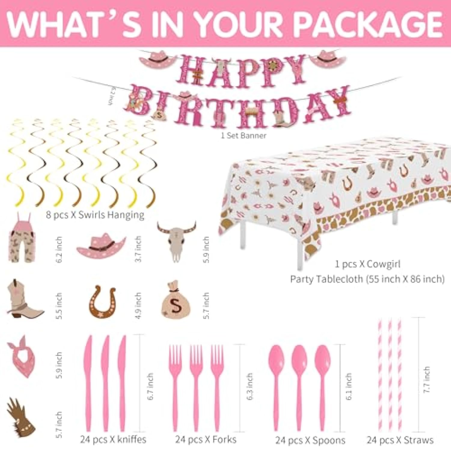 Western Cowgirl Party Decorations For Birthday Baby Shower, Wild West Pink Cowgirl Birthday Party Supplies, Paper Plate, Napkin, Cup, Tablecloth, Banner, Swirls, Cutlery, 24 Guests