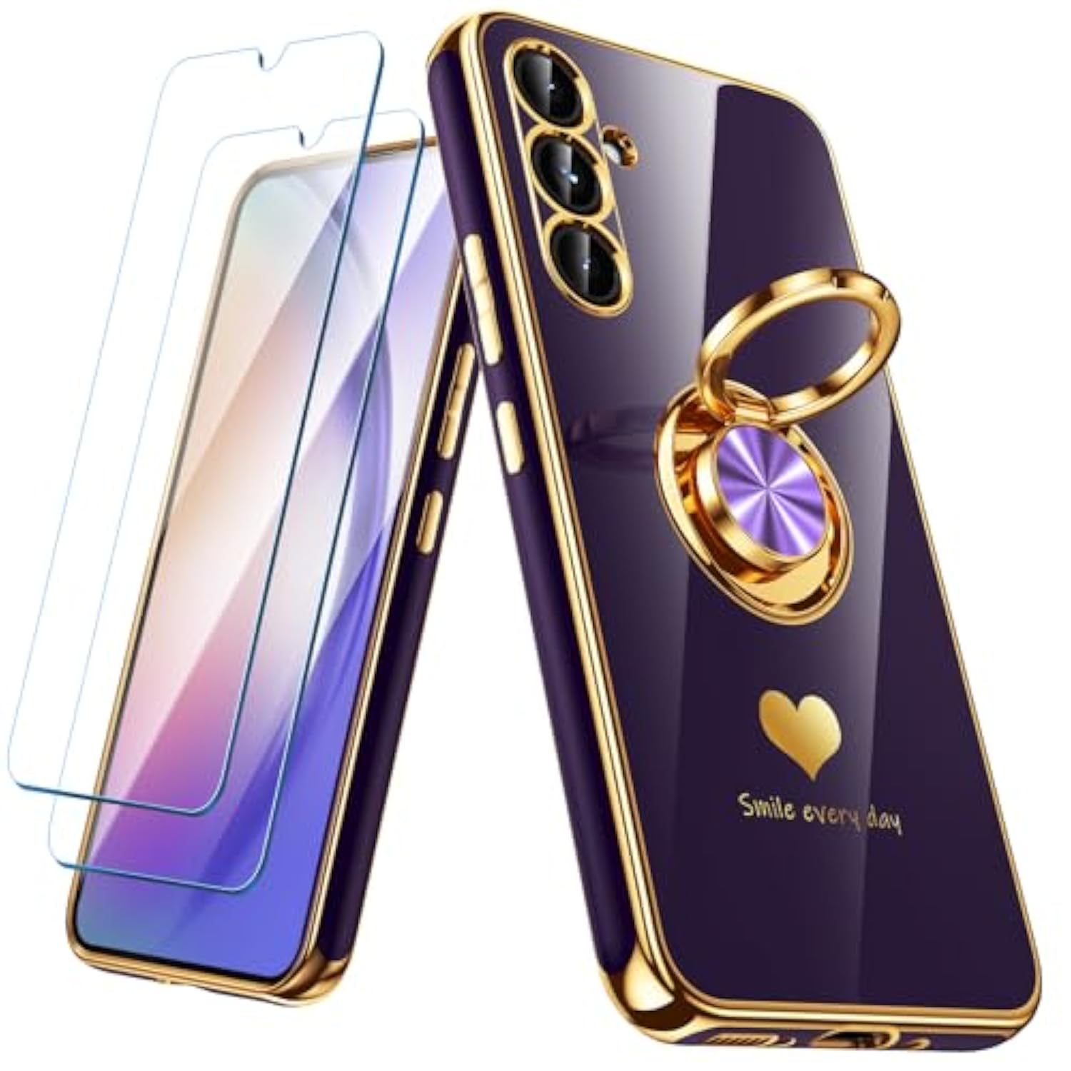 For Samsung Galaxy A54 5G Case With 2 Pack Screen Protector, 360° Rotatable Ring Holder [Luxury Hearts Pattern] Plating Gold Edge Slim Soft Phone Cover Case For Galaxy A54 - Purple