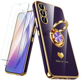 For Samsung Galaxy A54 5G Case With 2 Pack Screen Protector, 360° Rotatable Ring Holder [Luxury Hearts Pattern] Plating Gold Edge Slim Soft Phone Cover Case For Galaxy A54 - Purple
