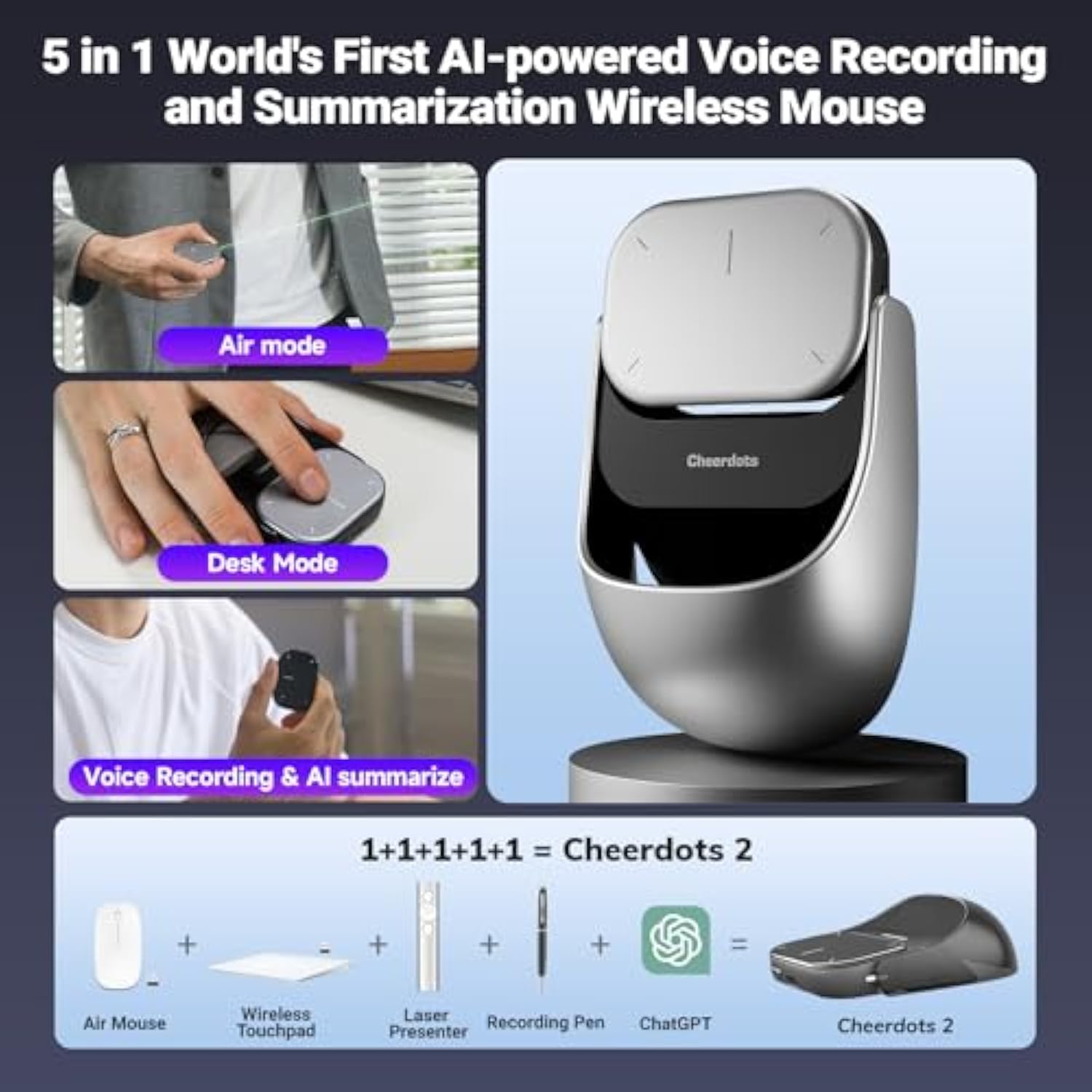 2025 Ai Wireless Mouse With Voice Recorder, Real-Time Transcribe & Ai Summarize, Detachable Presentation Click Powerpoint Presentations Remote, Air Mouse For Work /Lectures/Meetings (Advanced, Silver)