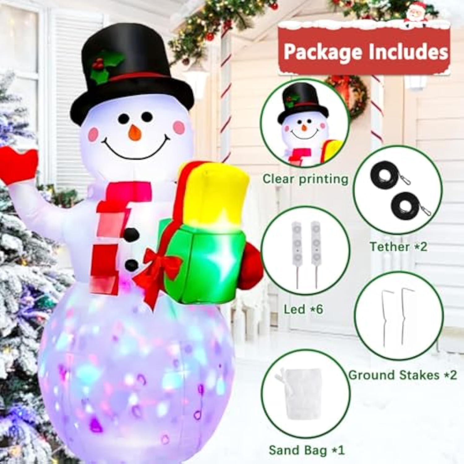 5Ft Christmas Inflatables Snowman With Rotating Lights, Blow Up Snowman Outdoor Decoration Led Lighted Snow Man Christma