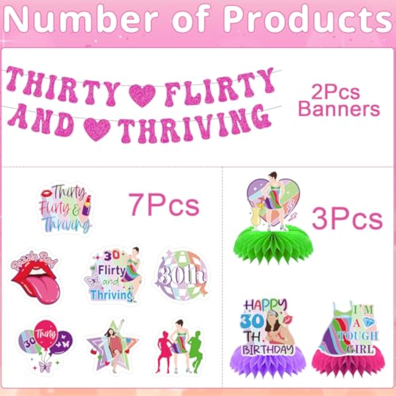 Thirty Flirty And Thriving Decorations - 12Pcs 30 Flirty And Thriving Banners With Hanging Swirls Birthday Decoration Talk 30 To Me Honeycomb Centerpieces Bday Decor Supplies For 30Th Women